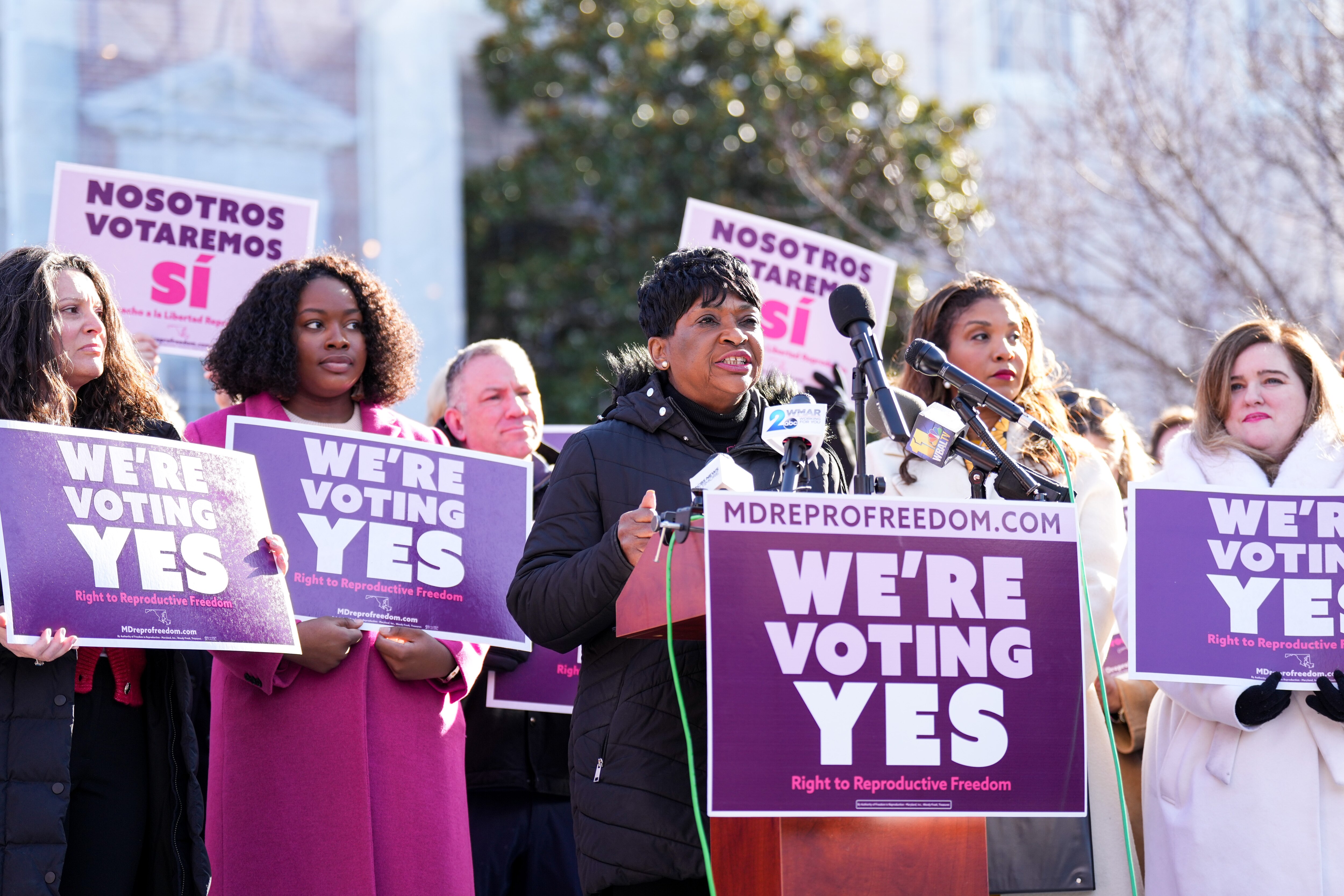 Maryland House Speaker Adrienne A. Jones speaks at the launch of the Freedom in Reproduction - Maryland ballot committee's efforts outside the State House on Monday. The coalition supports enshrining reproductive rights in the state's constitution. The coalition chose the 51st anniversary of the Roe v. Wade decision to take their campaign public.