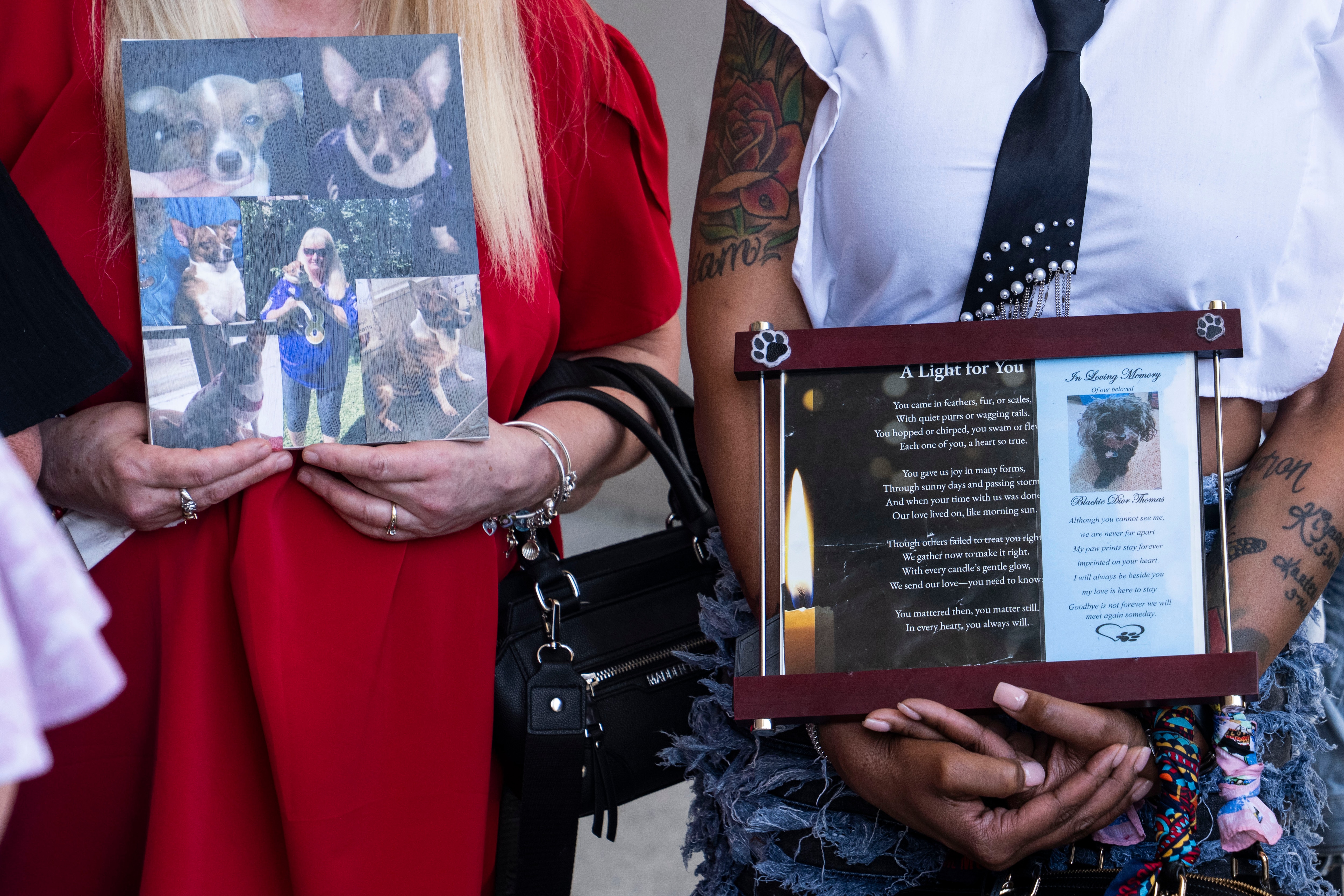 Beverly Rassen and Kia Hutchison hold pictures of their pets outside of the Baltimore County Courts Building in Towson in March.