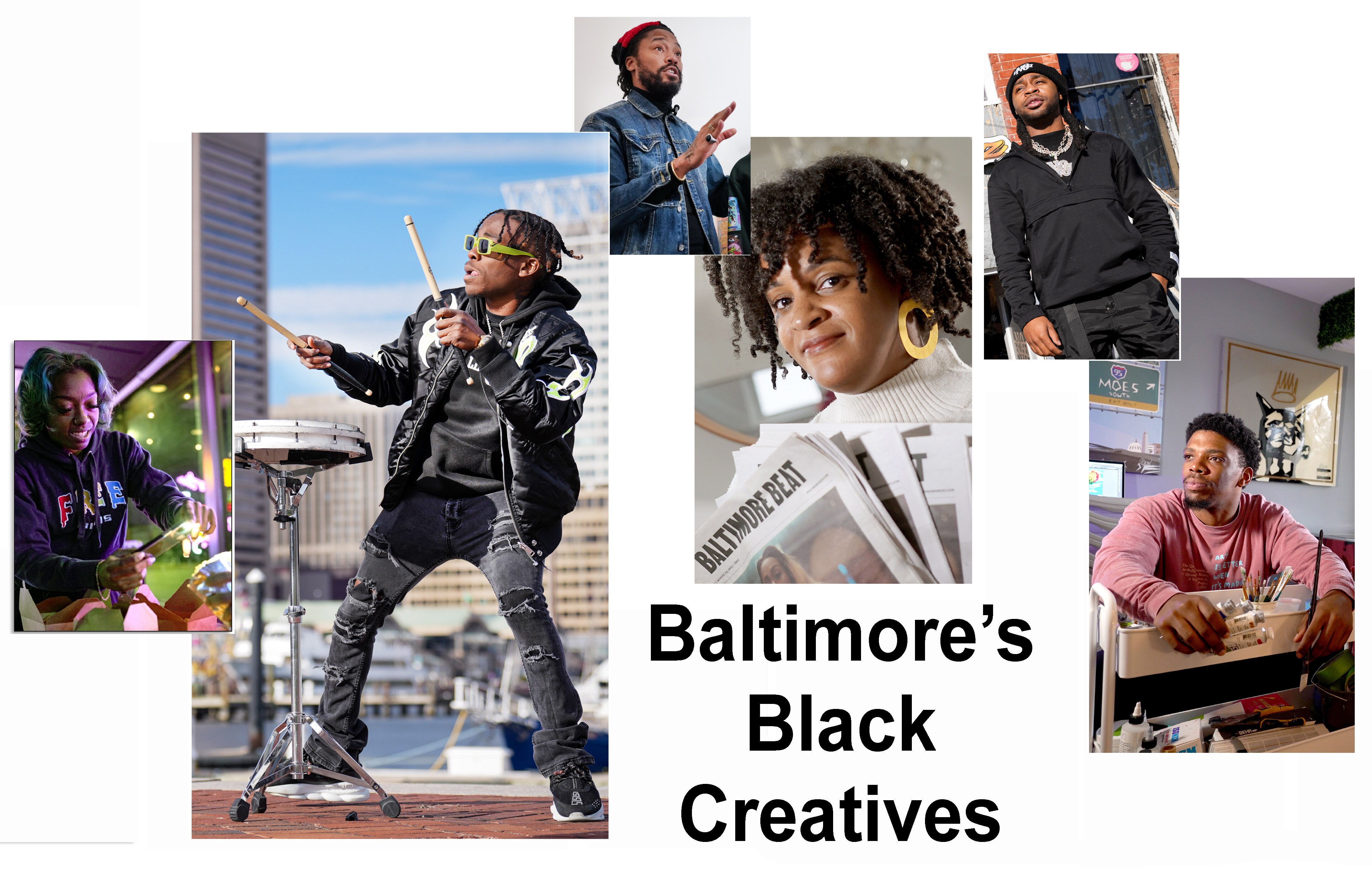 A collage of the top six Black creatives of 2023, according to The Baltimore Banner. (Left to Right: Britteny Howard, Timothy Fletcher, Akio Evans, Lisa Snowden, YG Teck, Jordan Lawson)