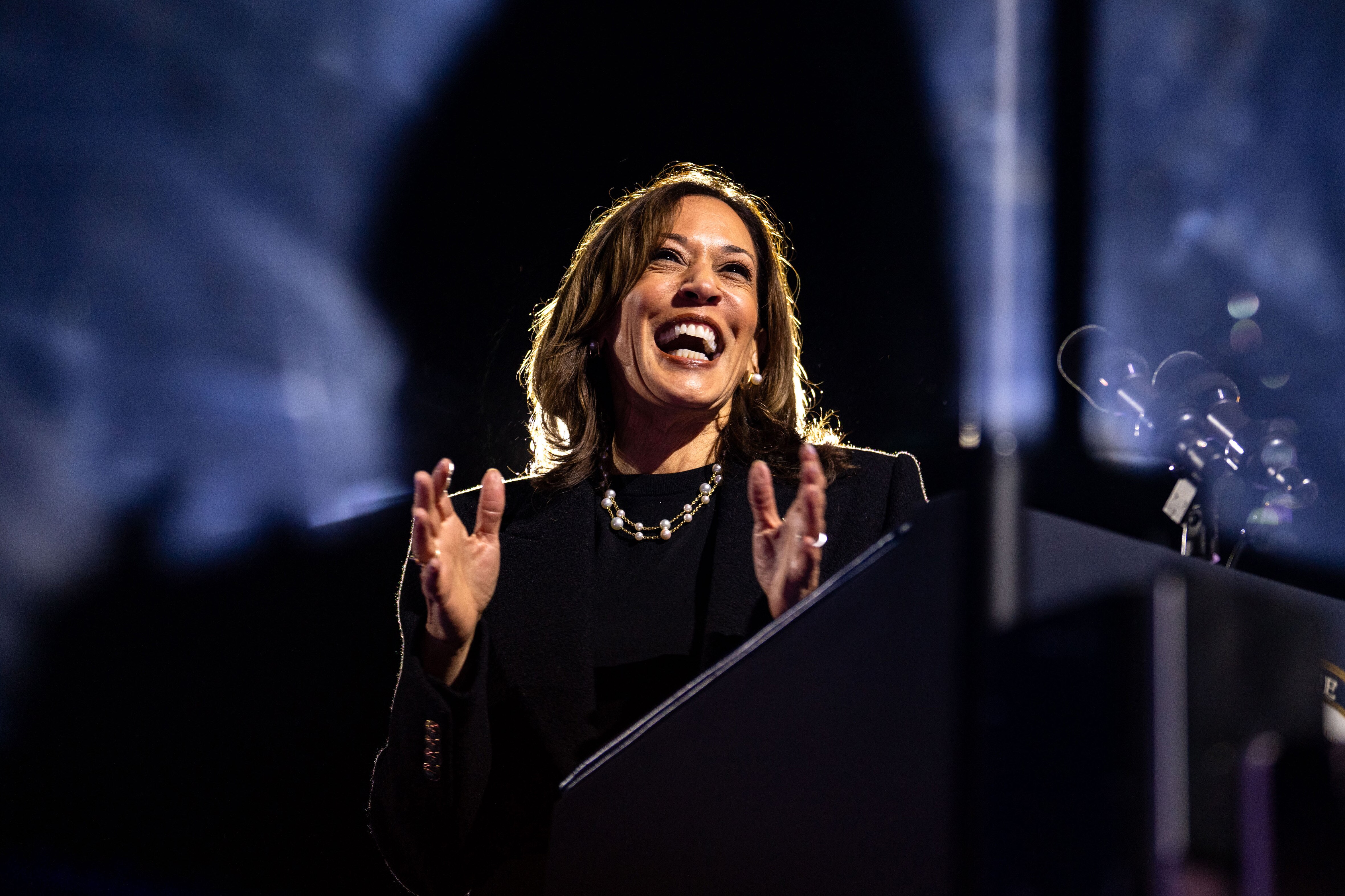 PHILADELPHIA, PENNSYLVANIA - NOVEMBER 05:  Vice President Kamala Harris Harris speaks during the closing rally of her campaign at base of the iconic "Rocky Steps" at the Philadelphia Museum of Art on November 05, 2024 in Philadelphia, Pennsylvania. On the eve of one of the tightest presidential elections in modern U.S. history, Vice President Kamala Harris Harris and former President Donald Trump are campaigning in key battleground states, with Harris campaigning across Pennsylvania and Trump campaigning in North Carolina, Pennsylvania and Michigan. (Kent Nishimura/Getty Images)