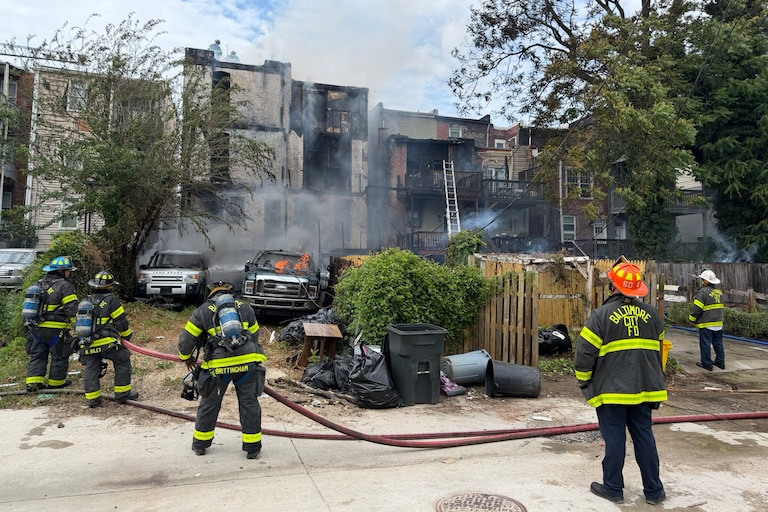 The Baltimore City Fire Department responds to a 3-alarm fire on the 2500 block of Brookfield Avenue in Reservoir Hill on Sunday.