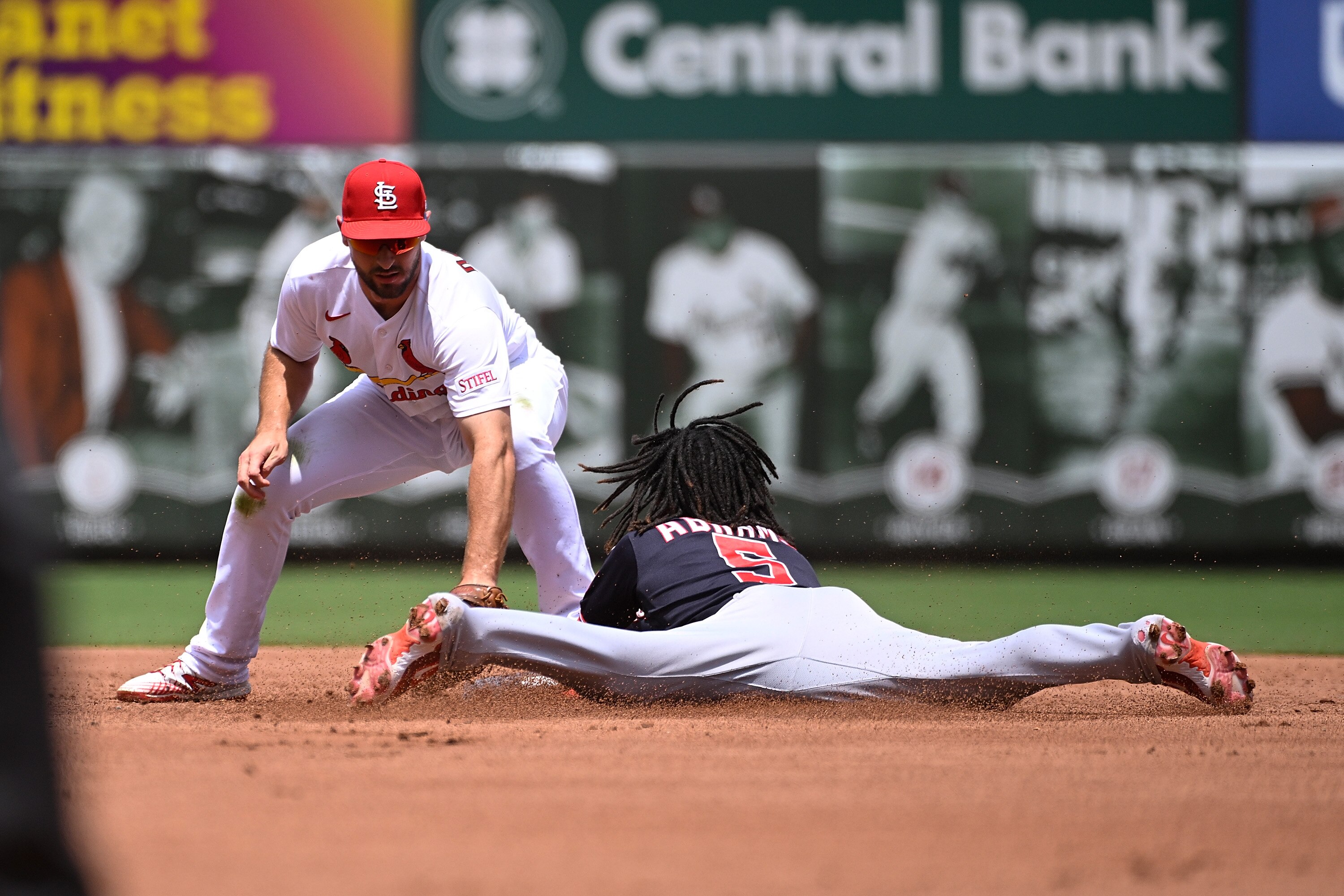 Washington's CJ Abrams steals second base ahead of the tag from Paul DeJong of the Cardinals during the Nationals' win in Game 1 of the doubleheader Saturday.