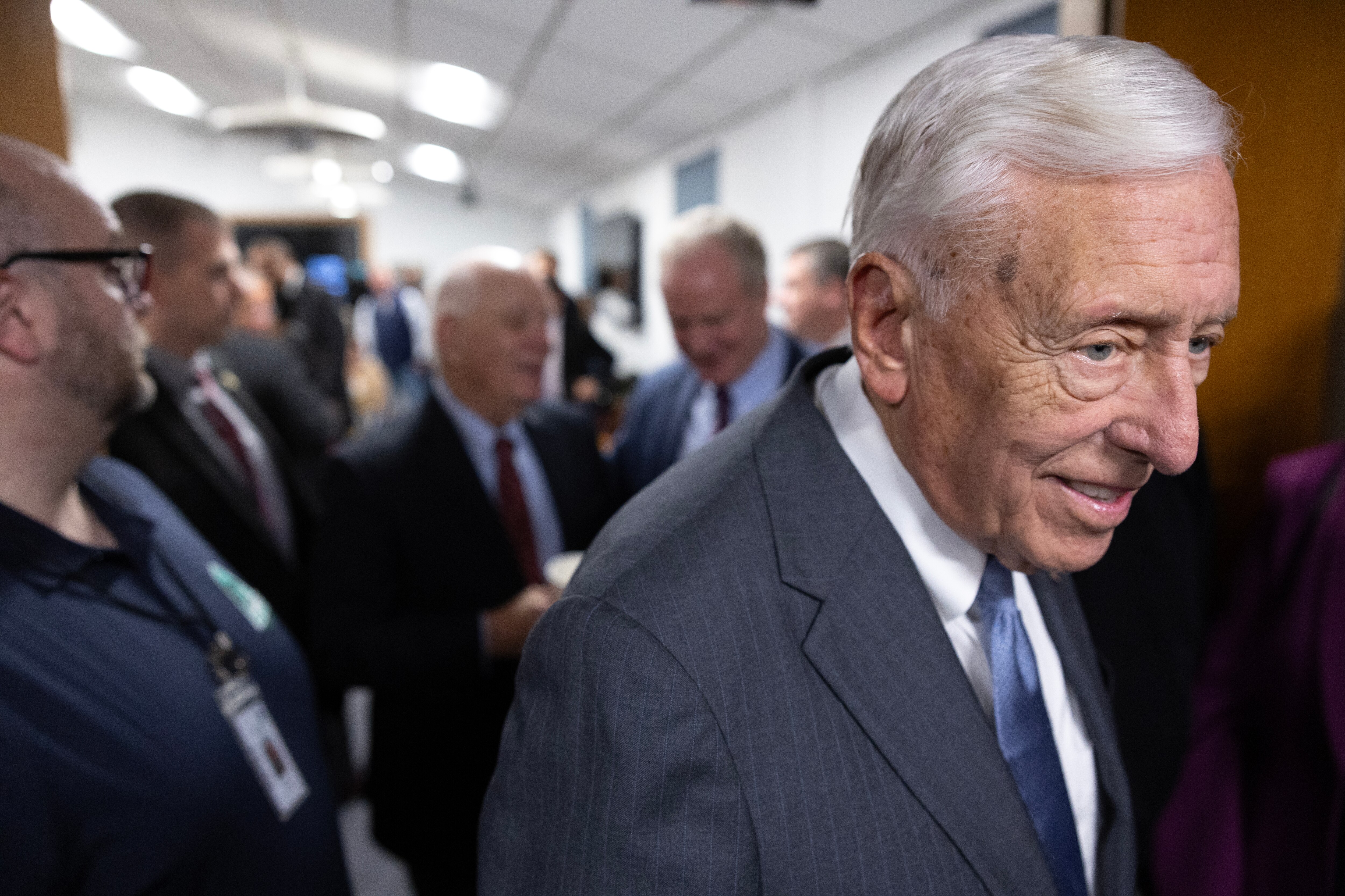 Rep. Steny Hoyer (D-MD) arrives ahead of a press conference on the selection of Greenbelt for the FBI’s new headquarters in Greenbelt, Maryland, on Friday, Nov. 10, 2023. Hoyer joined fellow Maryland Democrats at the party’s national convention in Chicago, Aug. 20, 2024, nine days after suffering a stroke.
