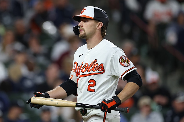 Orioles shortstop Gunnar Henderson reacts after batting against the New York Yankees on Monday.