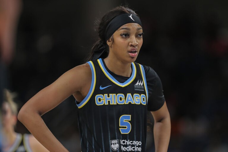 CHICAGO, IL - JUNE 04: Angel Reese #5 of the Chicago Sky lines up a for a free throw during the second half against the New York Liberty on June 4, 2024 at Wintrust Arena in Chicago, Illinois. (Photo by Melissa Tamez/ Icon Sportswire)