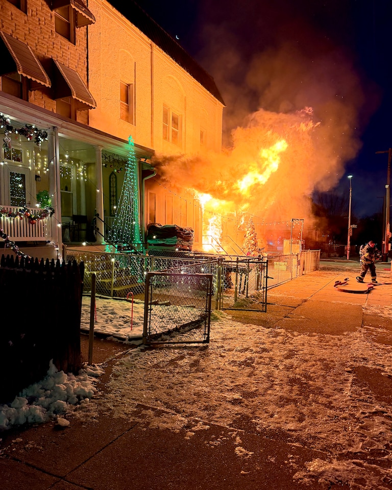 Baltimore City Fire Department crews respond to a blaze at Falkenhan’s Hardware in Hampden around 6:30am on Dec. 15, 2025.
