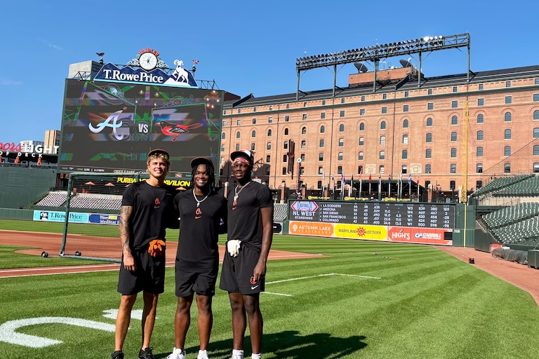 Orioles draft picks Ty Head, Eric Booth Jr. and Kevin Roberts Jr. pose at Camden Yards on Saturday, July 25, 2026 after taking batting practice.