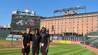 Orioles draft picks Ty Head, Eric Booth Jr. and Kevin Roberts Jr. pose at Camden Yards on Saturday, July 25, 2026 after taking batting practice.