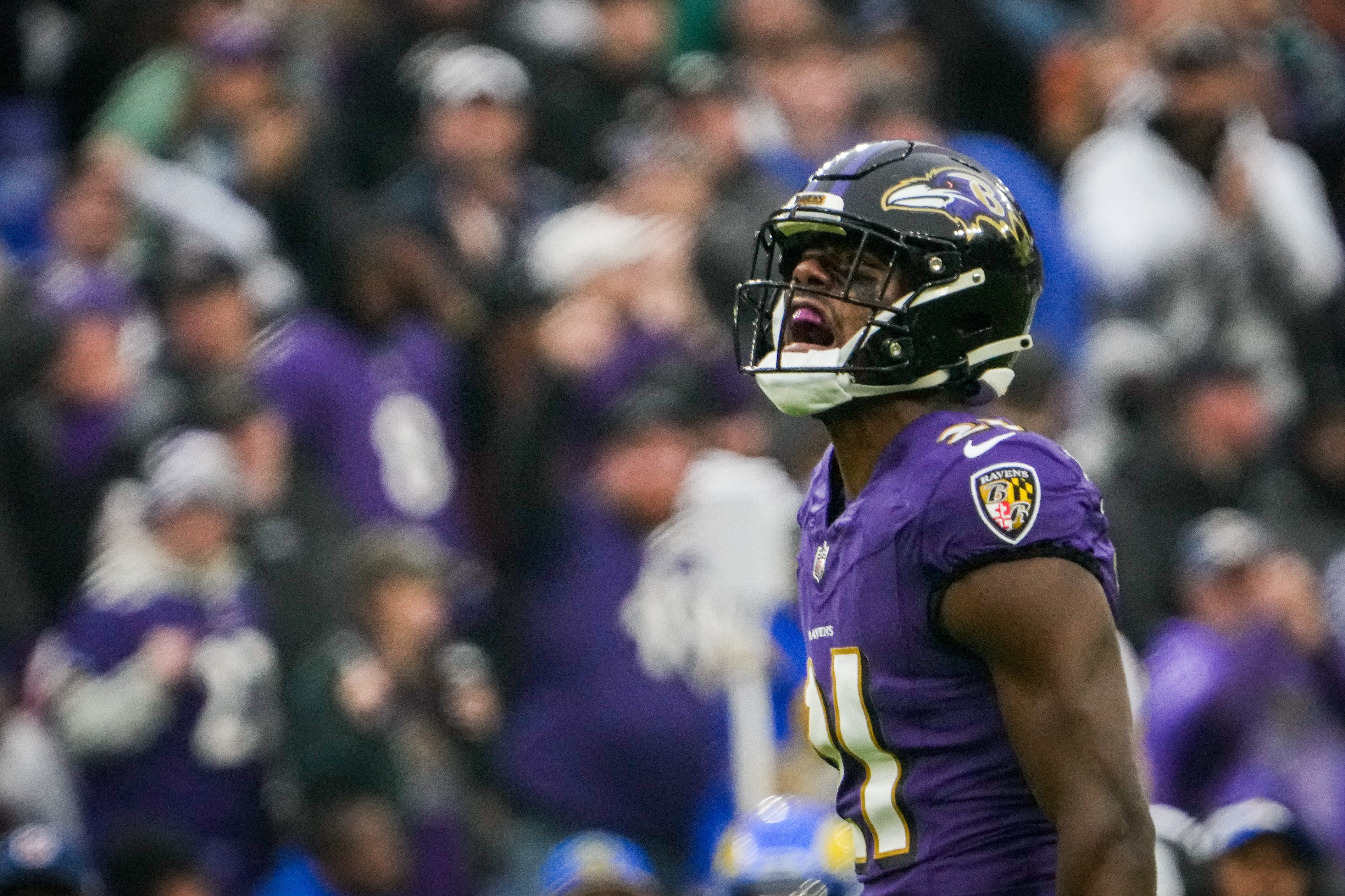 Baltimore Ravens cornerback Brandon Stephens (21) reacts during the second quarter against the Los Angeles Rams at M&T Bank Stadium on Sunday, Dec. 10, 2023.