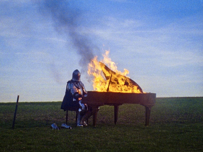 A knight in an accursed and shattered world tempts fate with a mysterious song in Albert Birney's "Gruenfeld," screening at the SNF Parkway on Saturday, May 30, 2026, at 3:30pm as part of the Baker Artist Awardee Shorts block.