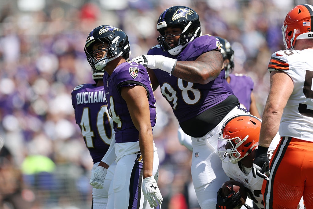 Ravens safety Kyle Hamilton reacts during the first quarter against the Cleveland Browns at M&T Bank Stadium on September 14.