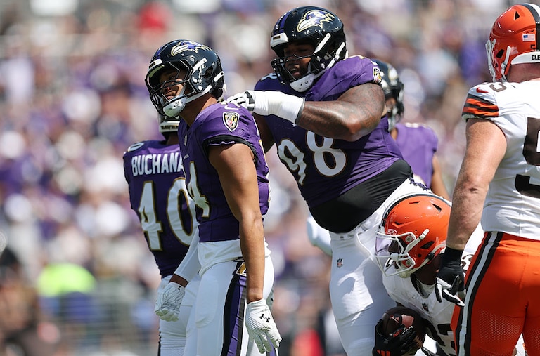 Ravens safety Kyle Hamilton reacts during the first quarter against the Cleveland Browns at M&T Bank Stadium on September 14.