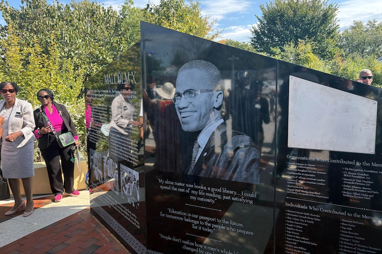 The Malcolm X Monument outside the Michael E. Busch Annapolis Library features photos and quotes from the controversial activist, along with his biography and a time capsule. The monument was unveiled Wednesday, Oct. 14.