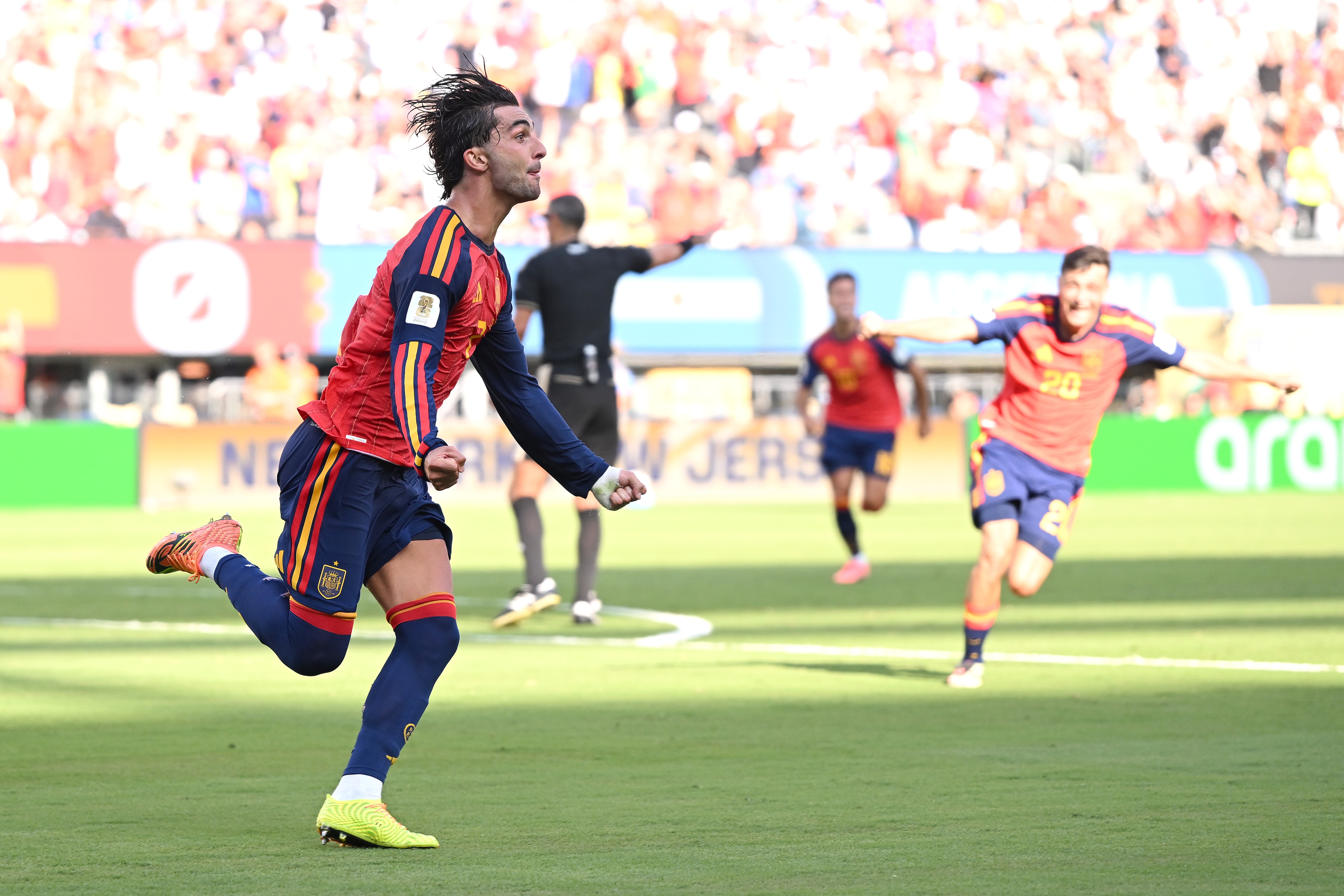 Ferran Torres celebrates scoring the only goal Sunday during Spain’s victory over Argentina in the World Cup final.