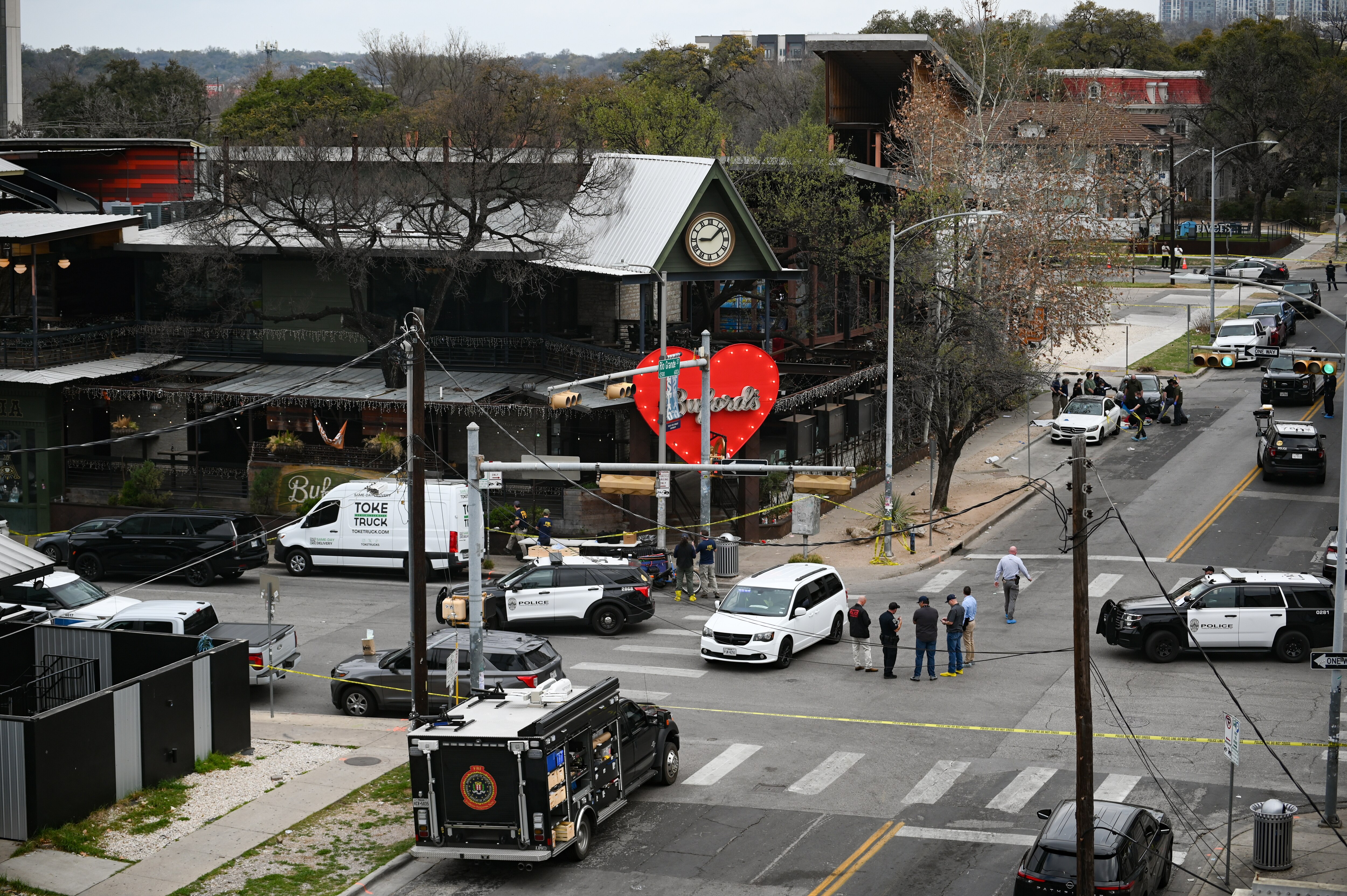 The Austin Police Department and the FBI investigate a shooting at Buford's on 6th Street on Sunday, March 1, 2026, in Austin, Texas.