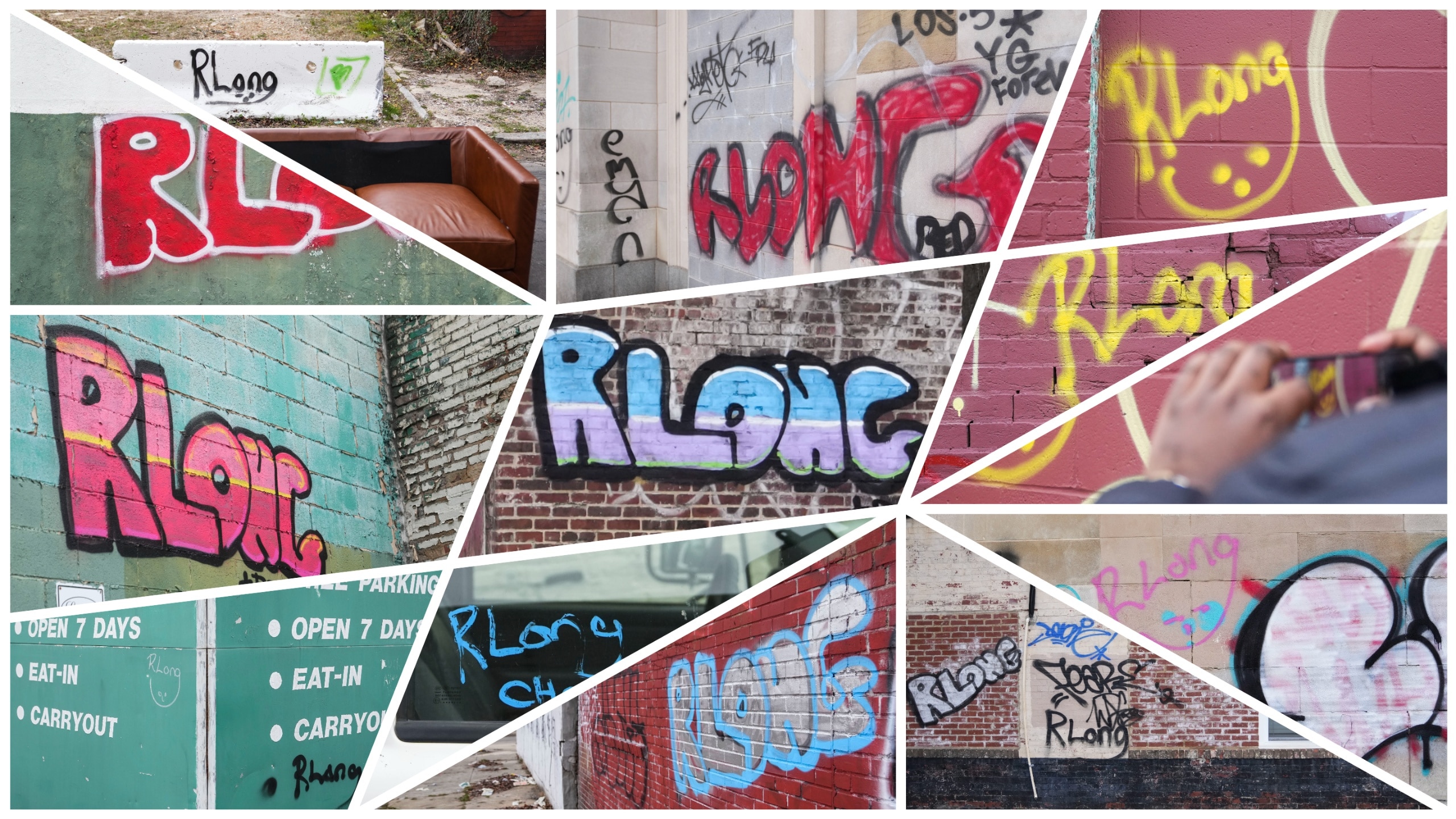 Various examples of the ubiquitous “RLong” graffiti tag found across Baltimore.