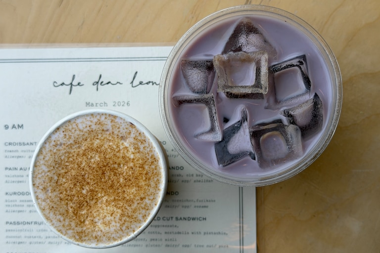Café Dear Leon’s Yaki-Imo flat white, made with roasted Japanese sweet potato, can be served hot or iced.