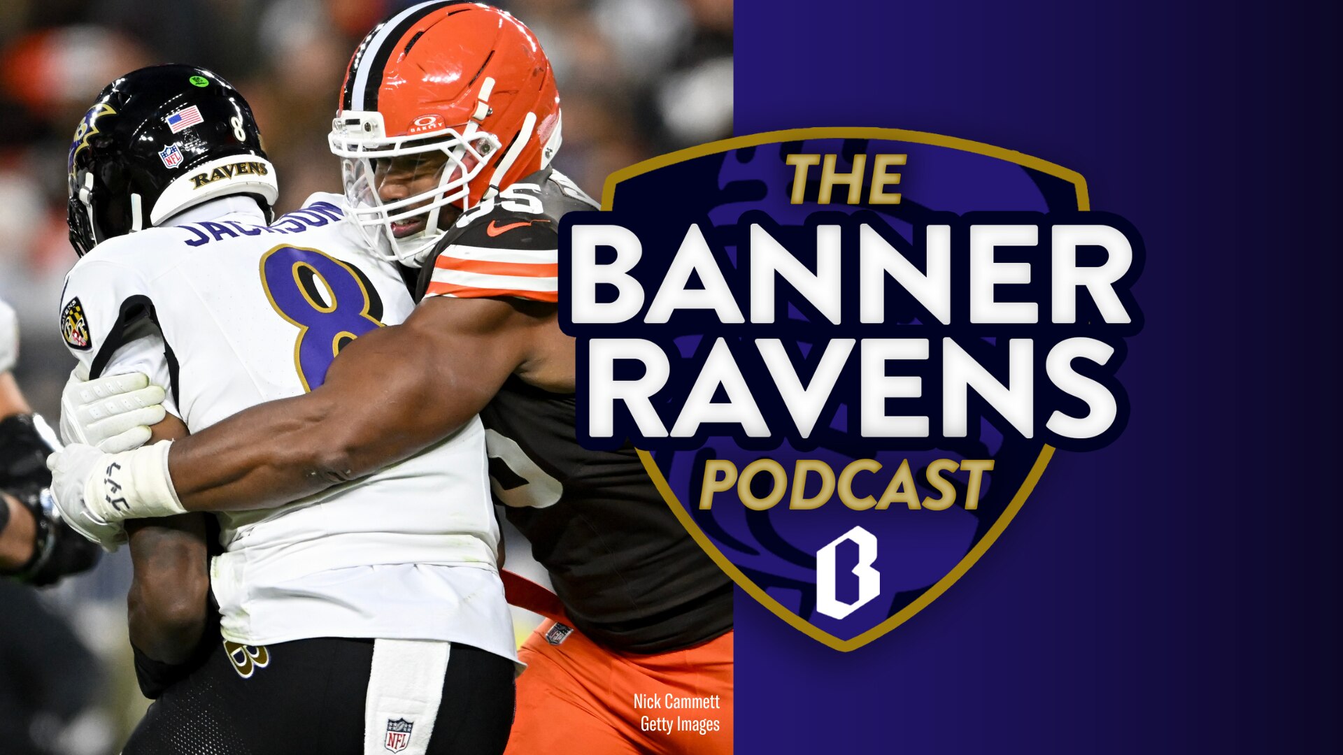 Myles Garrett #95 of the Cleveland Browns sacks Lamar Jackson #8 of the Baltimore Ravens during the second quarter.