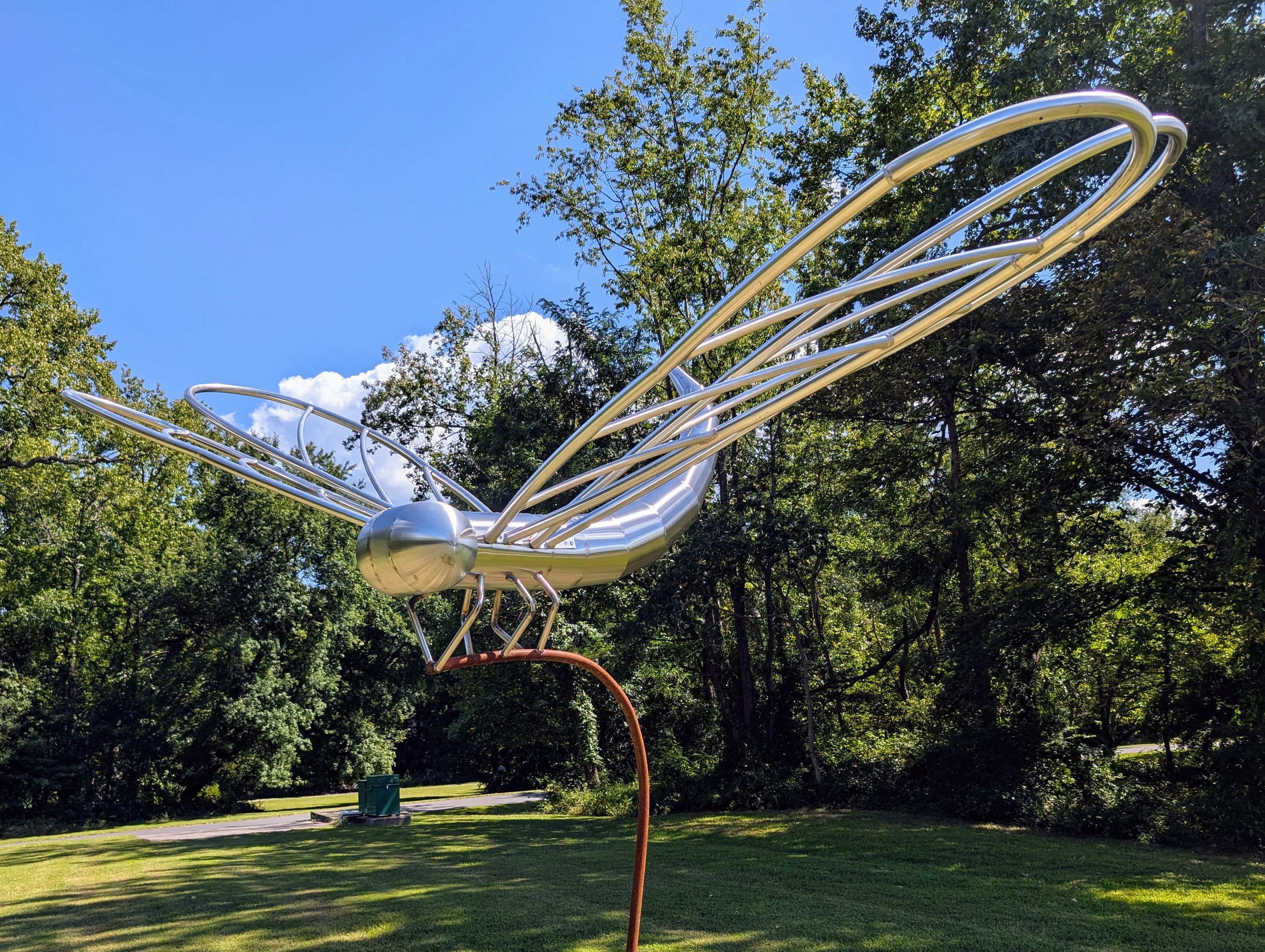 "Dragonfly," a sheet-metal sculpture by James O'Neil, is the 19th statue on the Quiet Waters Park Sculpture trail.