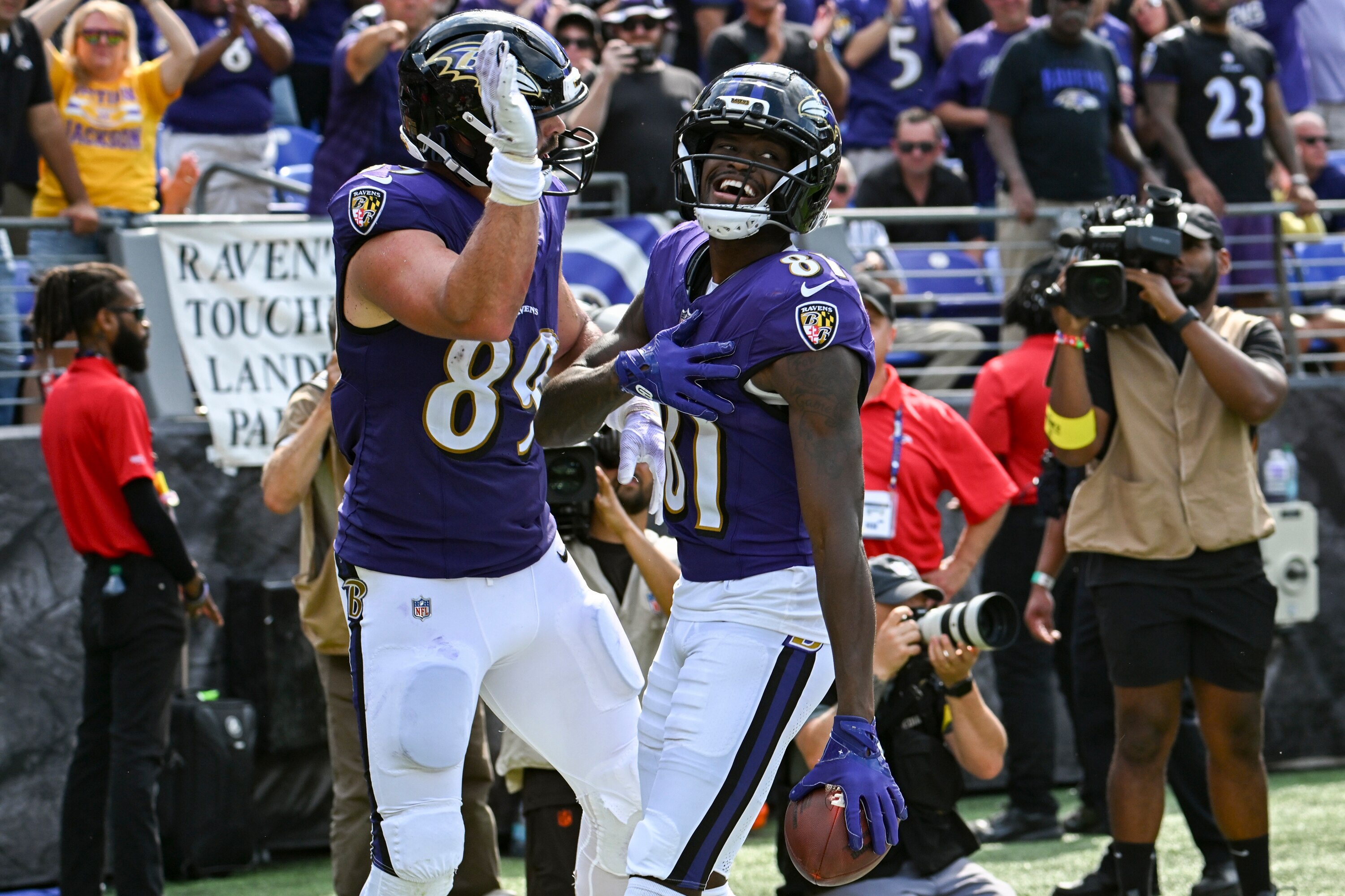Sept. 14, 2025 - Baltimore Ravens tight end Mark Andrews (89) and wide receiver Devontez Walker (81) celebrate a touchdown in the third quarter during the game against the Clevland Browns at M&T Bank Stadium on Sunday Sept. 14, 2025.