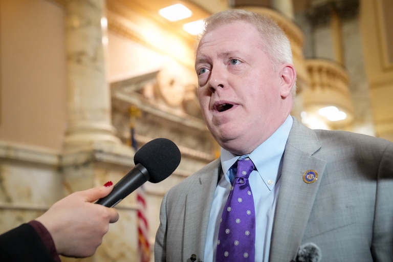 Senate Minority Leader Jason Buckel gives his reaction to Gov. Wes Moore’s State of the State address in the Maryland State House in Annapolis, Md. on Wednesday, February 5, 2025.