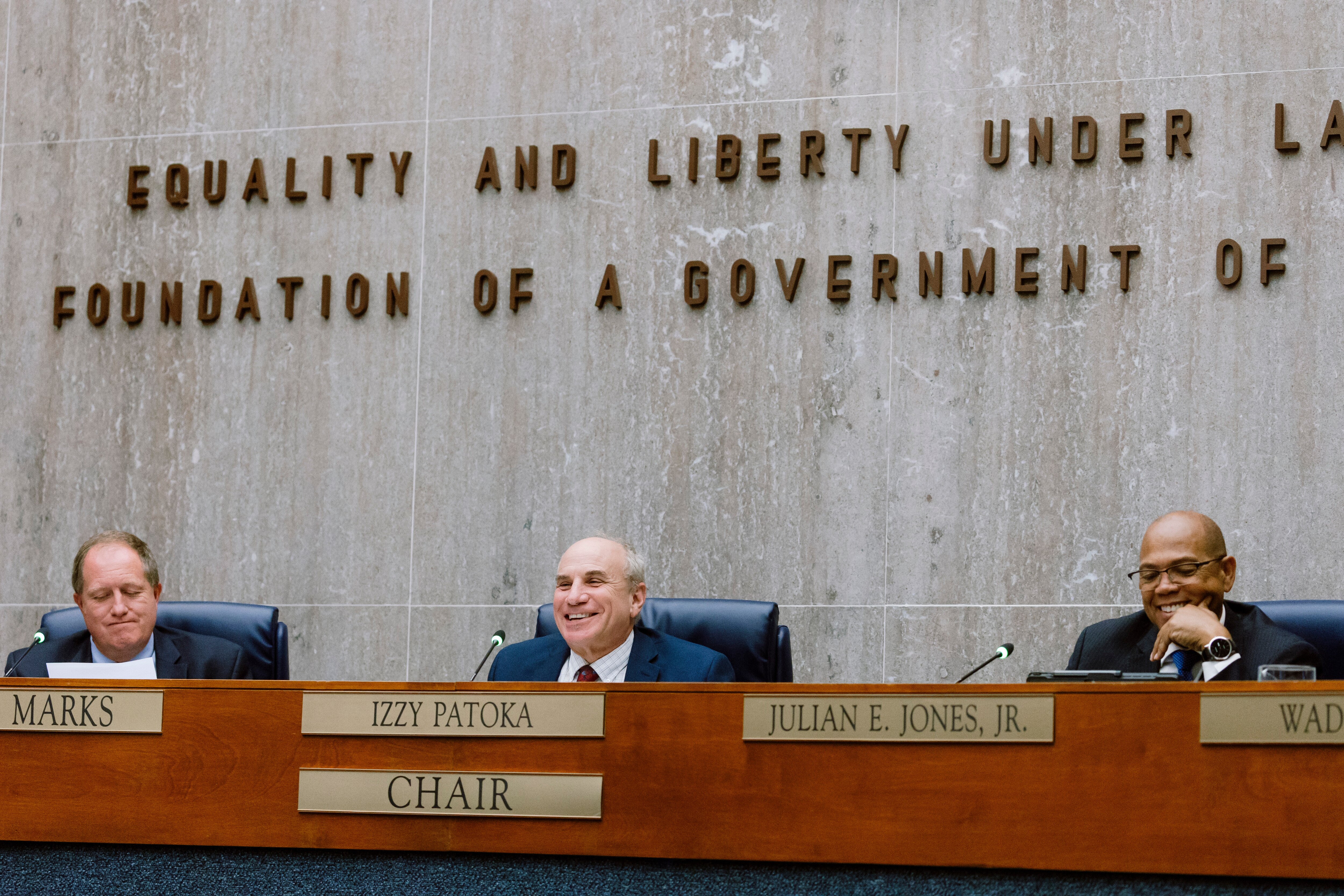 From left, Baltimore County Council members David Marks, Izzy Patoka and Julian E. Jones Jr. participate in a legislative session at the Old Courthouse on Tuesday, Sept. 3, 2024, in Towson.