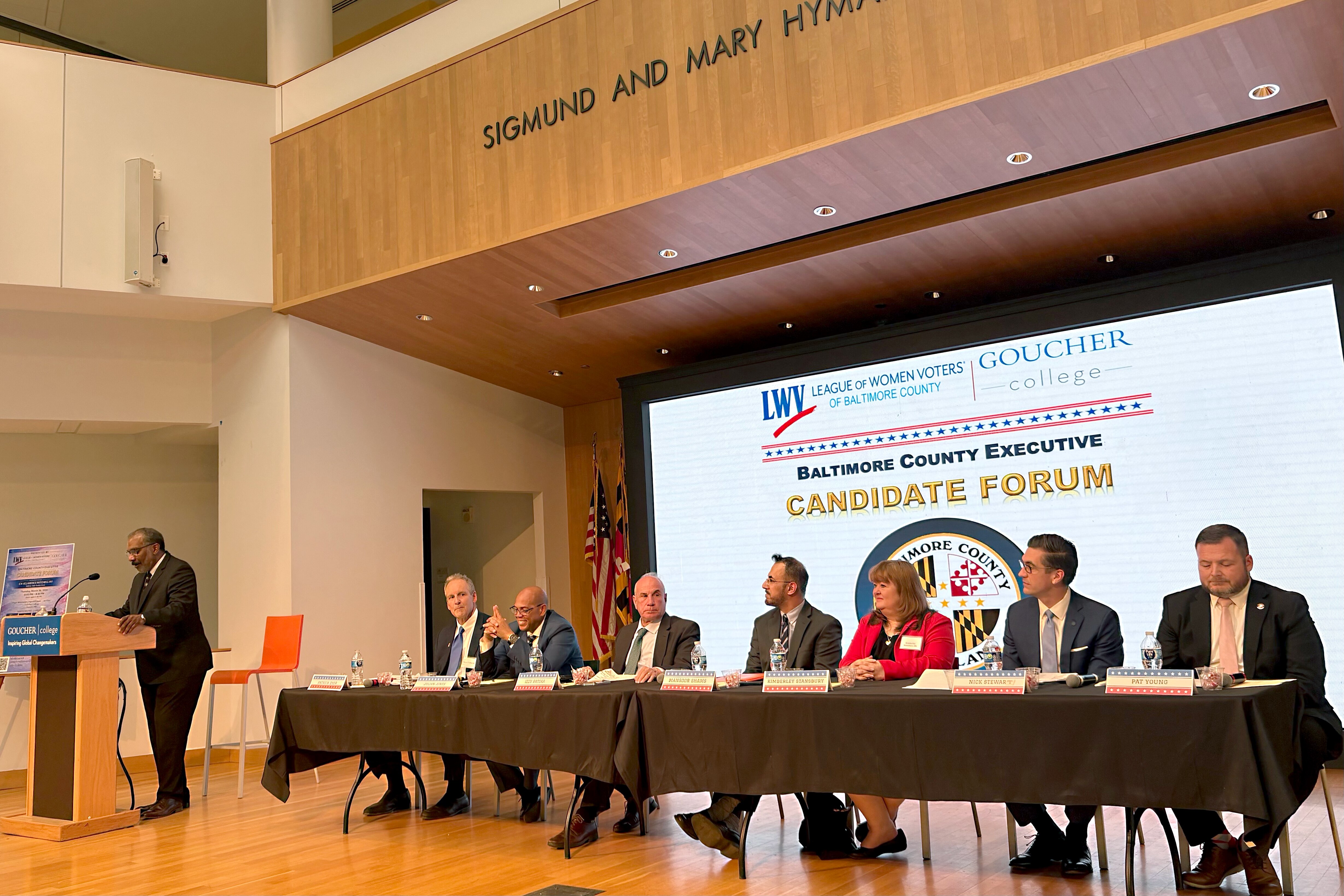 Baltimore County Executive candidates answer questions at a Goucher College forum sponsored by the League of Women Voters.