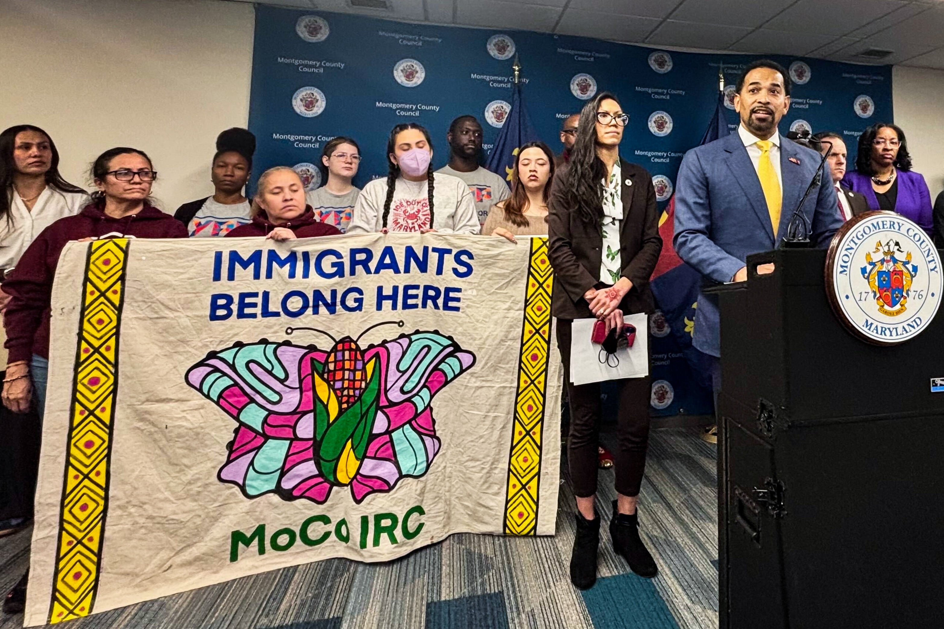 TUESDAY, JANUARY 20, 2026 - Representatives from the Montgomery County Immigrant Rights Collective (MoCo IRC) join Montgomery County Council members Will Jawando and Kristin Mink at a press conference at the Montgomery County Council office building in Rockville on two bills that aim to restrict ICE activities in the county.