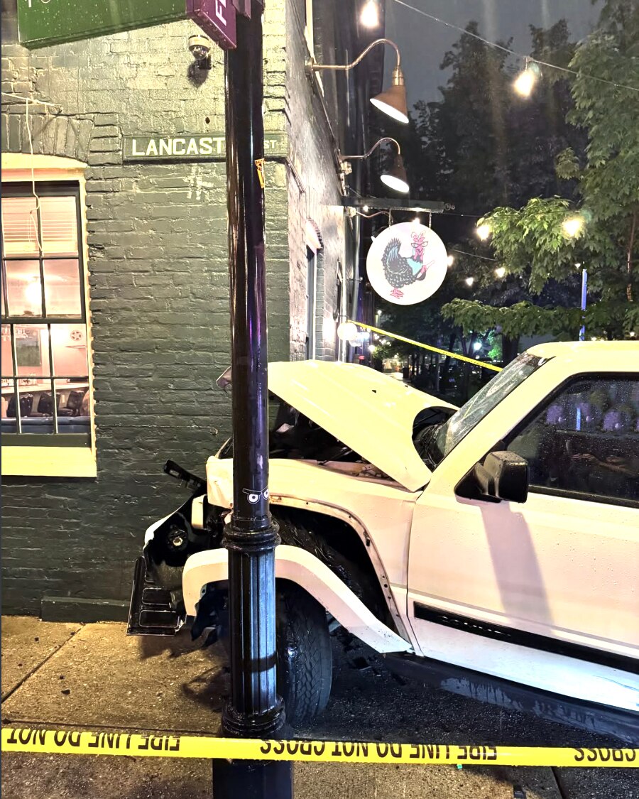 A white vehicle crashed into Bunny’s Buckets and Bubbles in Fells Point on Friday night, leaving behind some rubble and a hole in the wall.