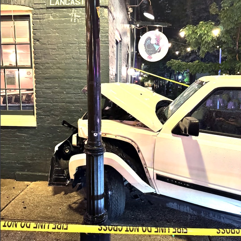 A white vehicle crashed into Bunny’s Buckets and Bubbles in Fells Point on Friday night, leaving behind some rubble and a hole in the wall.
