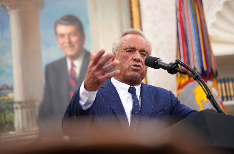 Robert F. Kennedy Jr. speaks after being sworn in as Secretary of Health and Human Services in the Oval Office at the White House on February 13, 2025 in Washington, DC.