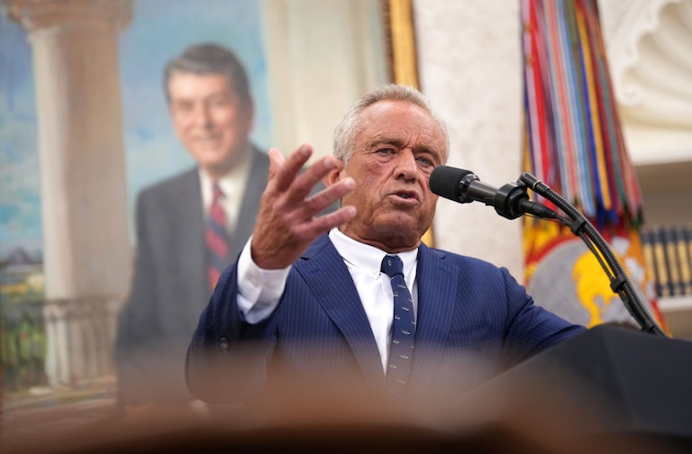 Robert F. Kennedy Jr. speaks after being sworn in as Secretary of Health and Human Services in the Oval Office at the White House on February 13, 2025 in Washington, DC.