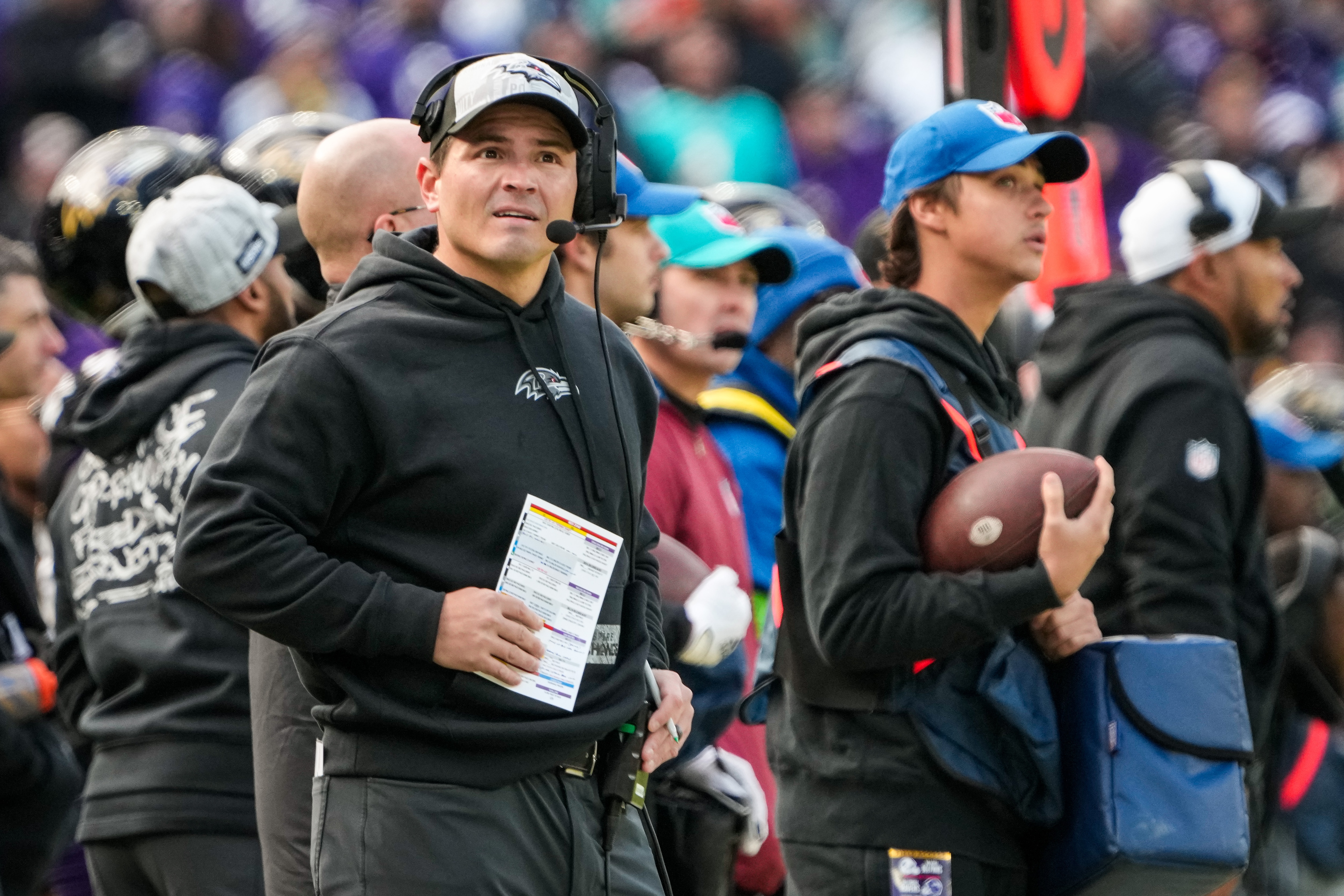 Baltimore Ravens defensive coordinator Mike Macdonald watches the game against the Miami Dolphins at M&T Bank Stadium on Sunday, Dec. 31, 2023.