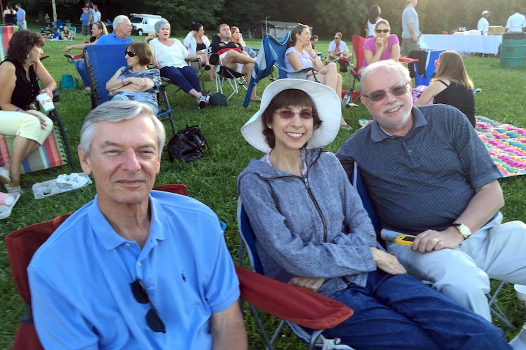 Don Steinwachs with friends Arna Rubman and Allen Berkowitz, enjoying an Oregon Ridge Concert in 2015.