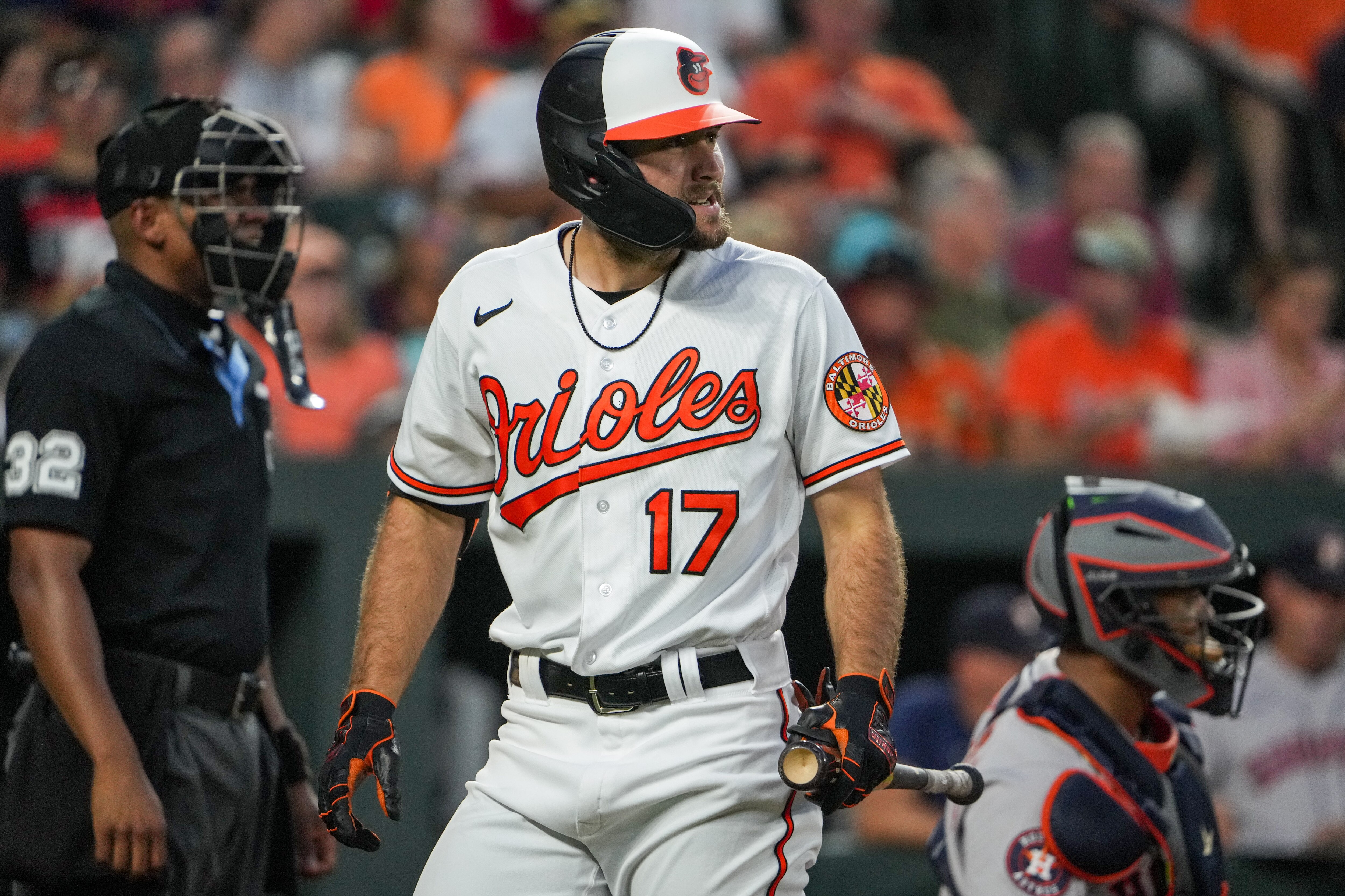 Baltimore Orioles left fielder Colton Cowser (17) strikes out in the third inning of a baseball game against the Houston Astros at Orioles Park at Camden Yards in Baltimore on August 9, 2023.