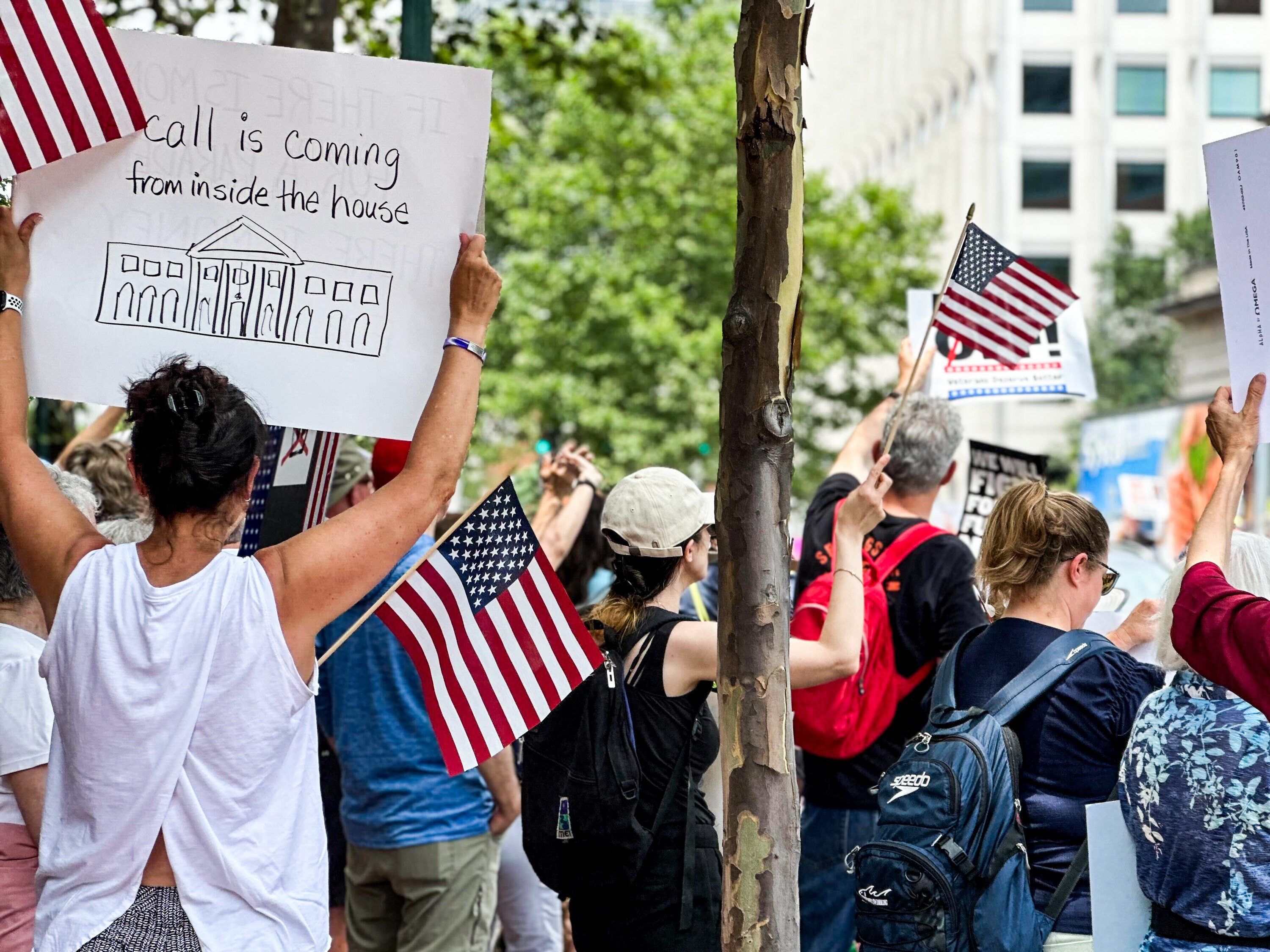 A crowd of thousands gathered in downtown Bethesda along Wisconsin Avenue on Saturday, June 41, 2025, as part of the national “No Kings” protests.