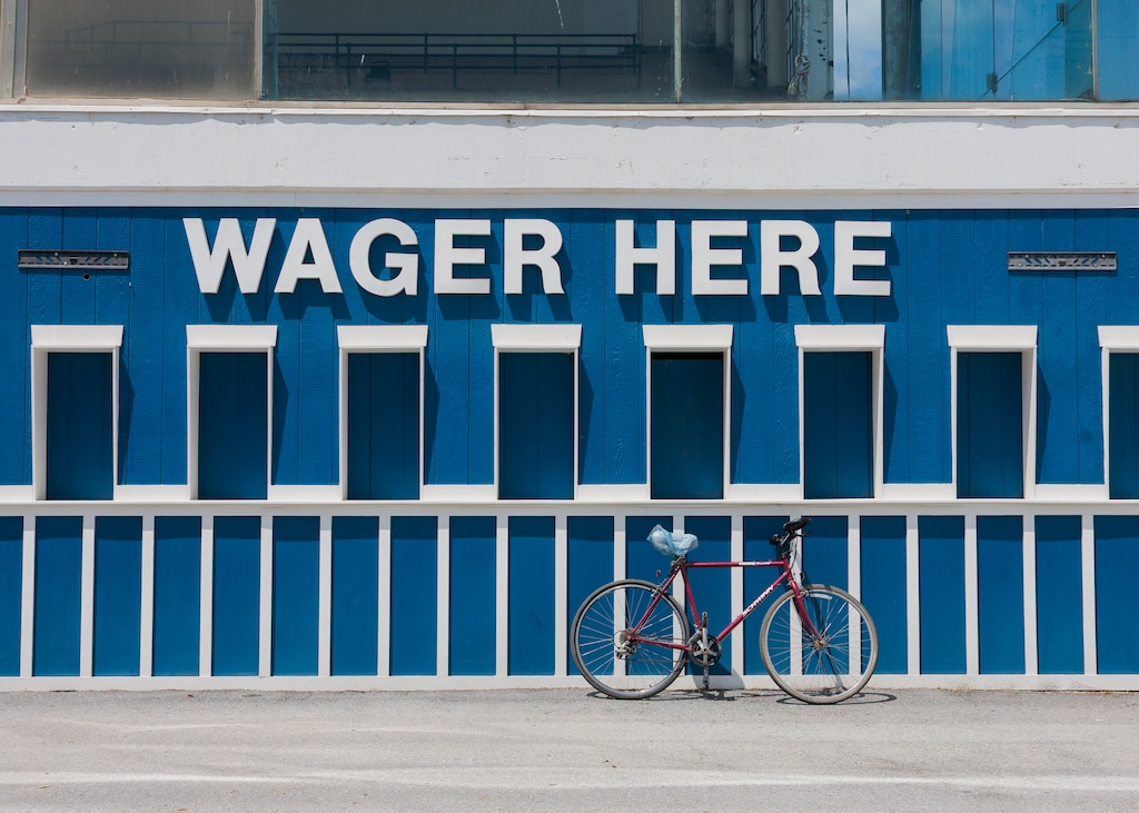 Old wager windows are closed up during regular live racing days at Laurel Park Race Track.