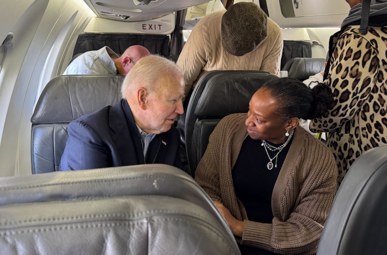 President Joe Biden is seen on a plane before takeoff traveling from Washington to South Carolina, Friday, Feb. 27, 2026, in Washington. (AP Photo/Meg Kinnard)