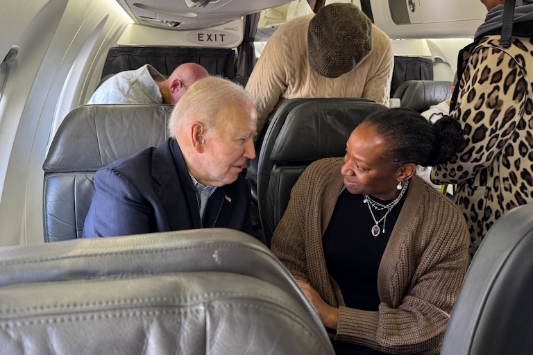President Joe Biden is seen on a plane before takeoff traveling from Washington to South Carolina, Friday, Feb. 27, 2026, in Washington. (AP Photo/Meg Kinnard)