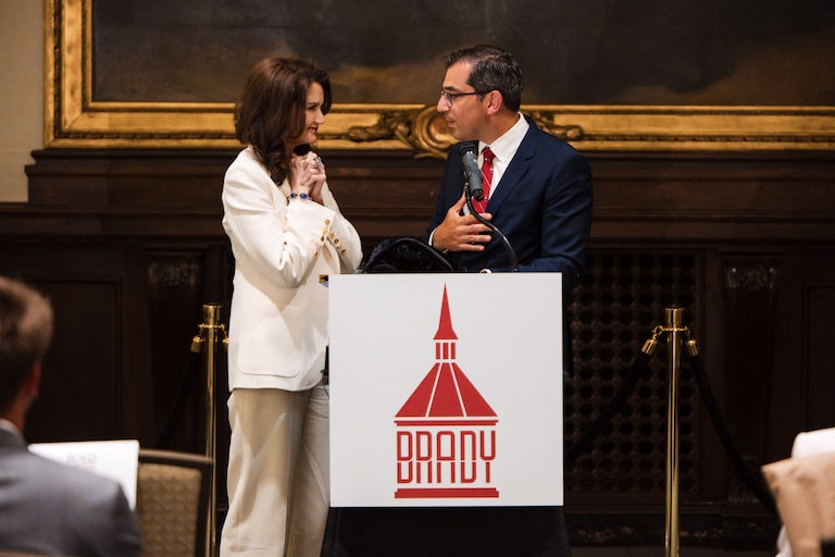 Lynda Carter, with Dr. Mohammad Allaf, director of the Johns Hopkins' Brady Urological Institute, gifted $10 million to advance surgeries and training in the center.
