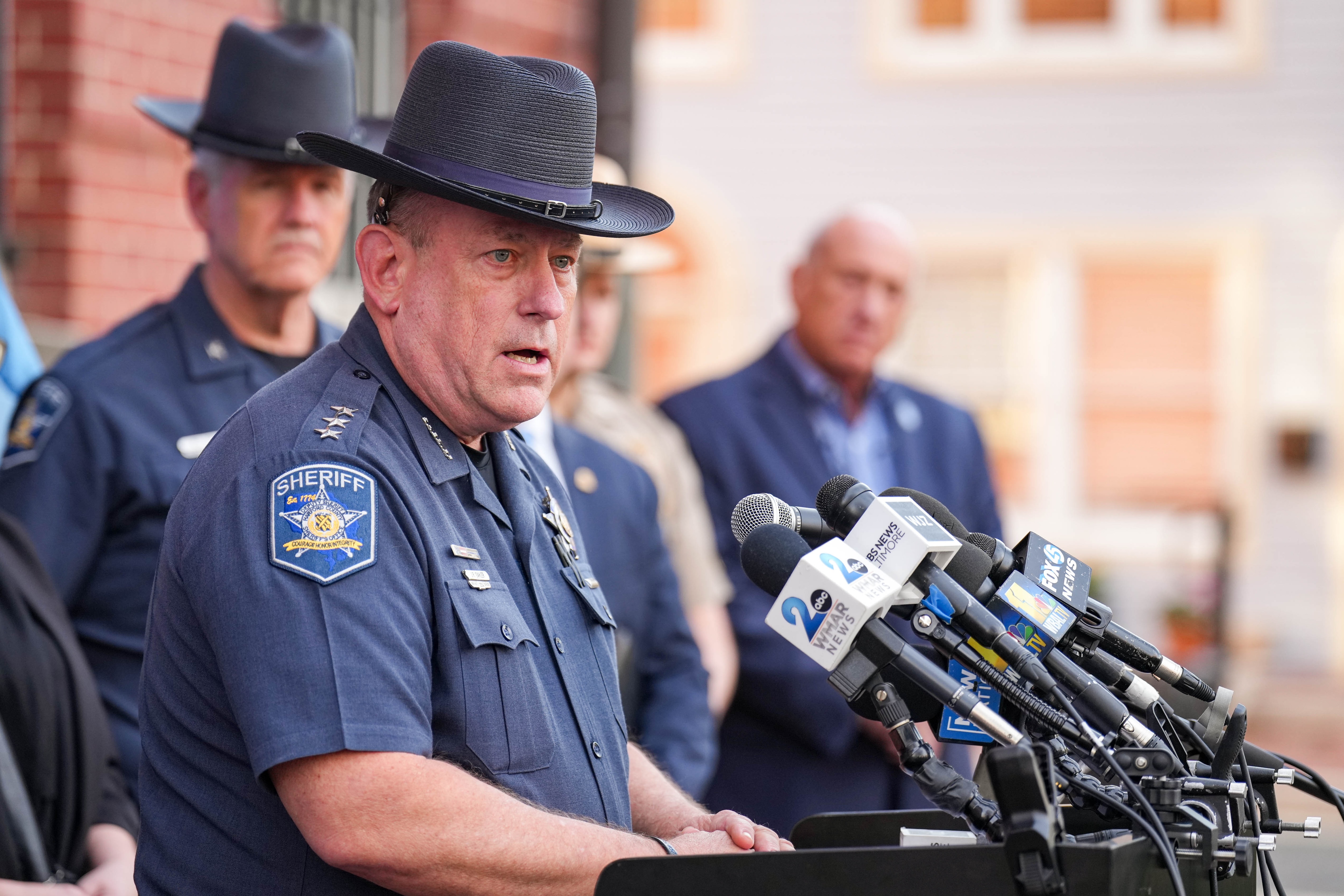 Harford County Sheriff Jeffrey Gahler gives remarks during a press conference outside the circuit court for Harford County in Bel Air, Md. on Monday, April 14, 2025. Rachel Morin’s killer was found guilty of all charges after a trial that lasted more than a week.
