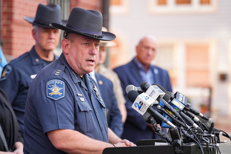 Harford County Sheriff Jeffrey Gahler gives remarks during a press conference outside the circuit court for Harford County in Bel Air, Md. on Monday, April 14, 2025. Rachel Morin’s killer was found guilty of all charges after a trial that lasted more than a week.