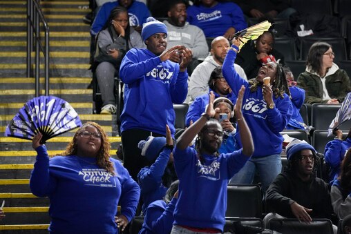 Fayetteville State fans cheer for the team in the stands during a timeout in the third quarter of a CIAA Women’s Quarterfinal game at CFG Bank Arena in Baltimore, Md., on Thursday, February 26, 2026.