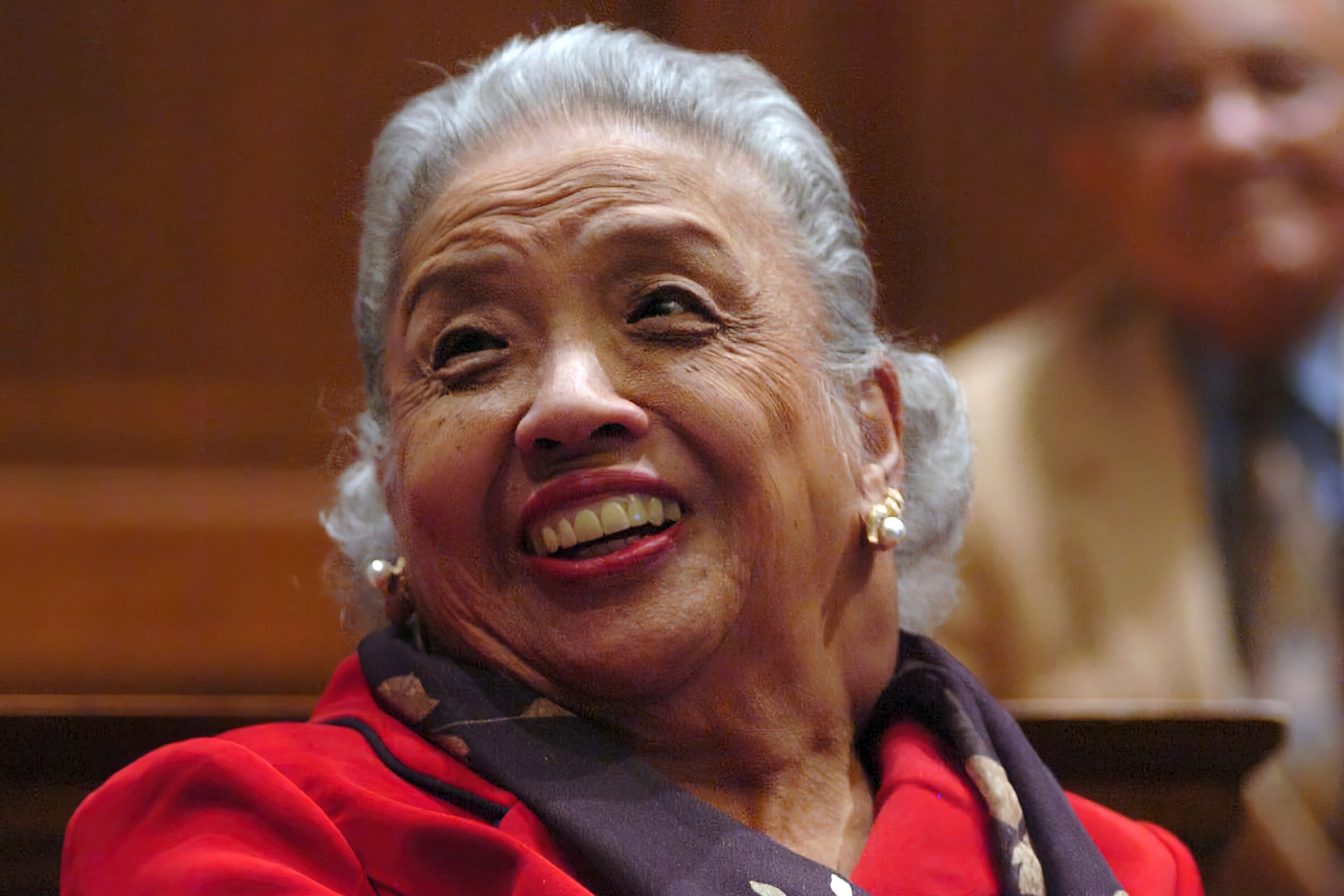FILE - Cecilia Marshall, widow of Supreme Court Justice Thurgood Marshall, laughs while watching a slide show about her husband during a meeting to rally support for renaming Baltimore-Washington International Airport after Thurgood Marshall, one of the state's most famous native sons and the first Black justice on the U.S. Supreme Court, in Annapolis, Md., March 28, 2005. The Supreme Court says Cecilia "Cissy" Marshall has died. She was 94.