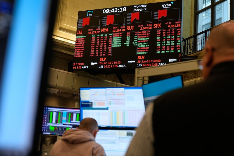 Traders work on the floor at the New York Stock Exchange in New York, Monday, March 2, 2026. (AP Photo/Seth Wenig)