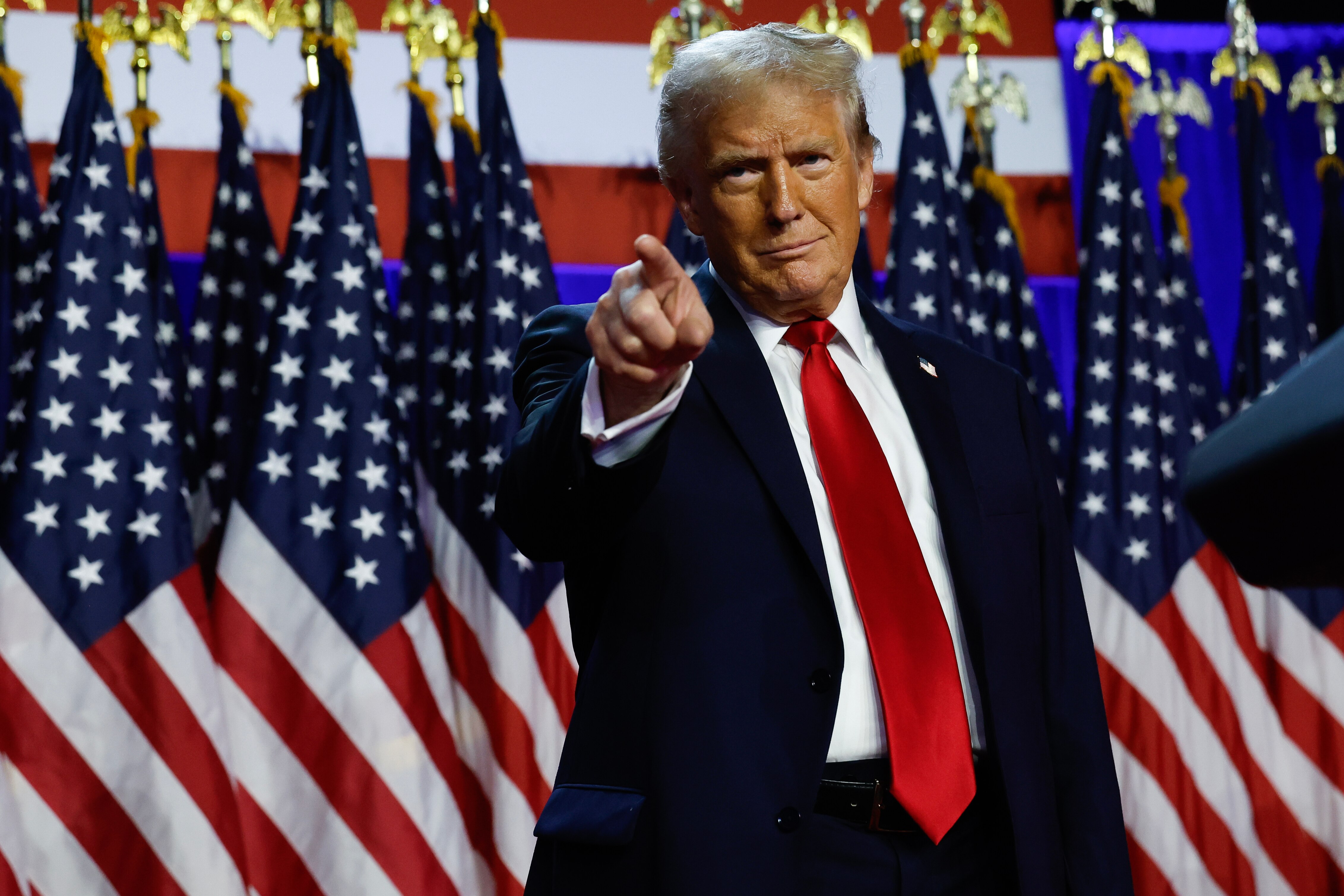 WEST PALM BEACH, FLORIDA - NOVEMBER 06:  Republican presidential nominee, former U.S. President Donald Trump arrives to speak during an election night event at the Palm Beach Convention Center on November 06, 2024 in West Palm Beach, Florida. Americans cast their ballots today in the presidential race between Republican nominee former President Donald Trump and Vice President Kamala Harris, as well as multiple state elections that will determine the balance of power in Congress.