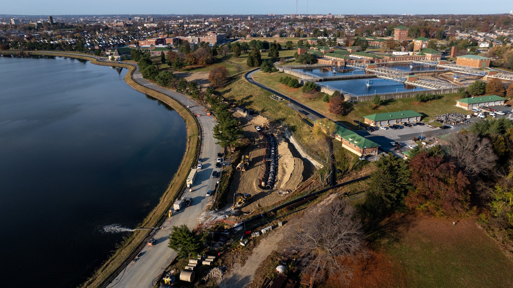 Montebello Water Filtration Plant No 1, right,  is seen above Lake Montebello in northeast Baltimore.