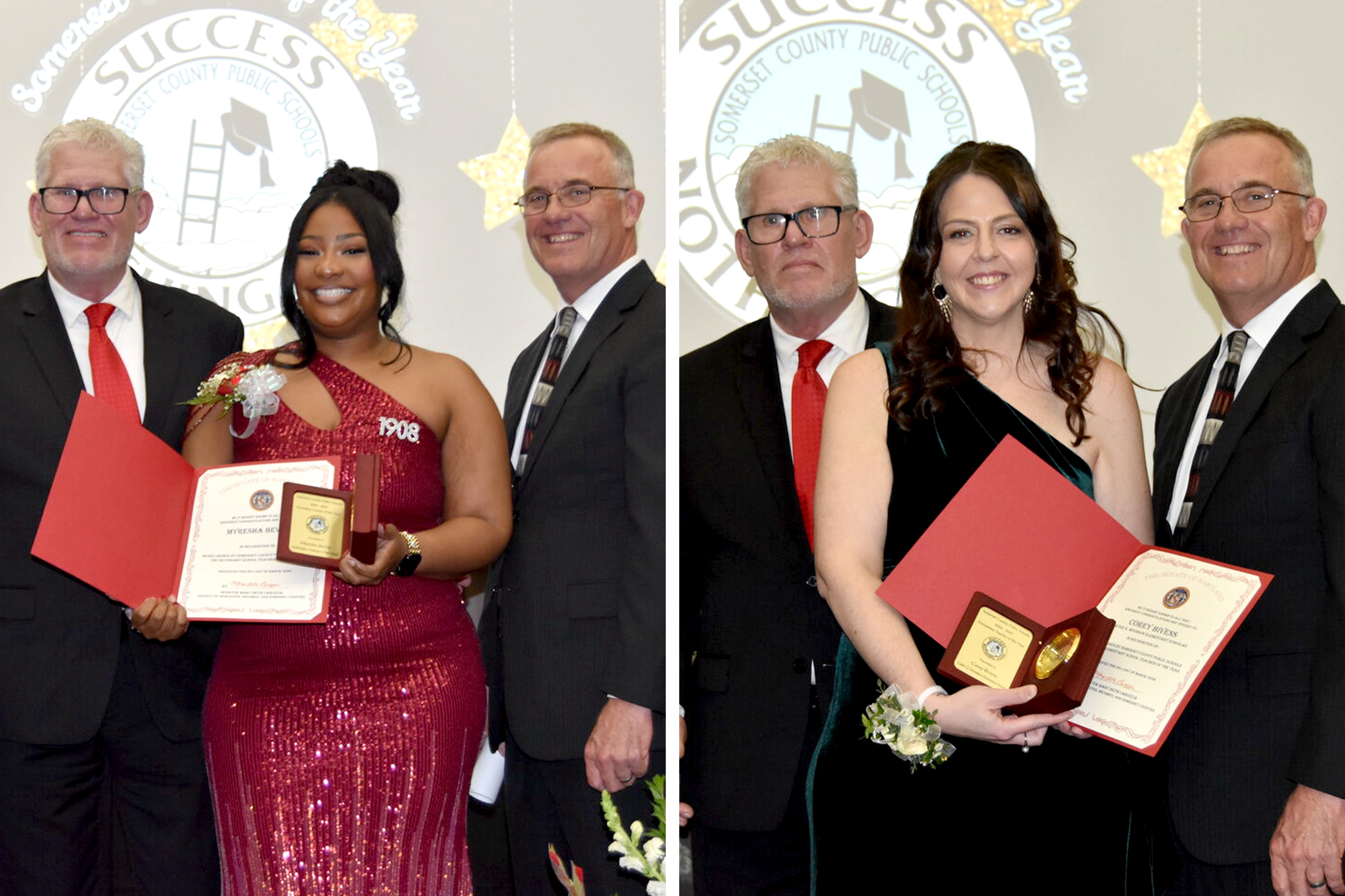 At left, Myresha Bevins, Secondary Teacher of the Year representing Washington Academy and High School, and at right, Corey Bivens is Somerset County Public Schools' Teacher of the Year for 2026 and will represent the county at the Maryland Teacher of the Year program this fall. Both are joined by Board Chair Matt Lankford, left, and Superintendent of Schools W. David Bromwell.