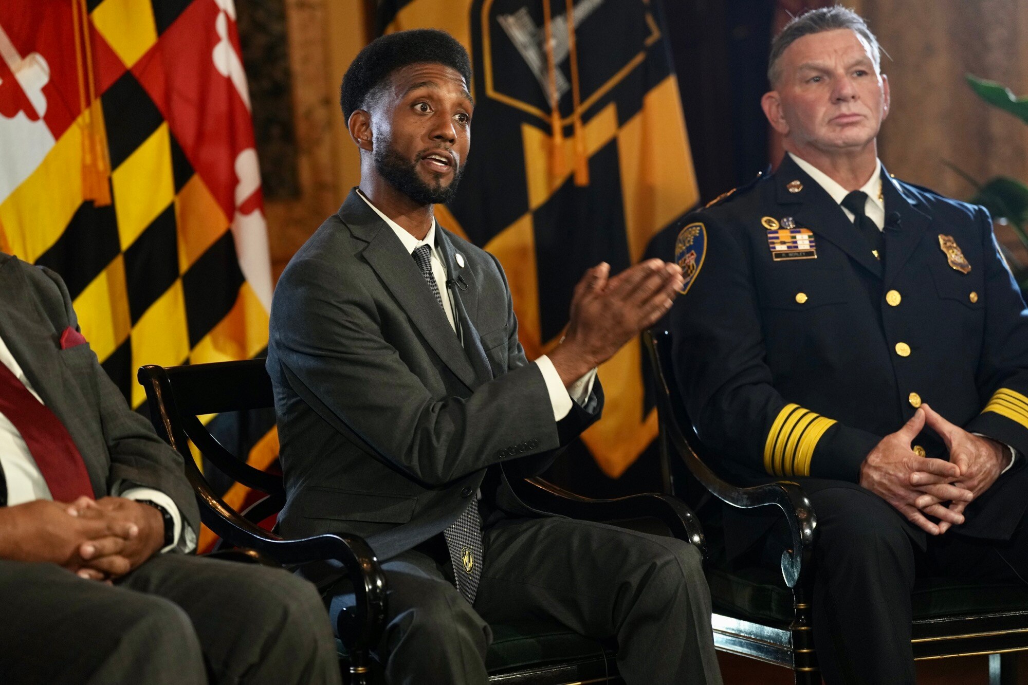 Baltimore Mayor Brandon Scott, left, and Police Commissioner Richard Worley sit for an interview in this photo from July 2023.