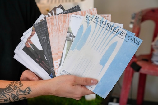 Dan Ortiz Leizman, an artist and lecturer at the University of Maryland, College Park displays a collection of zines made up of anonymously shared stories related to their homemade Monobloc Chair Harps in their home in Hyattsville, Md. on Wednesday, June 10, 2026.